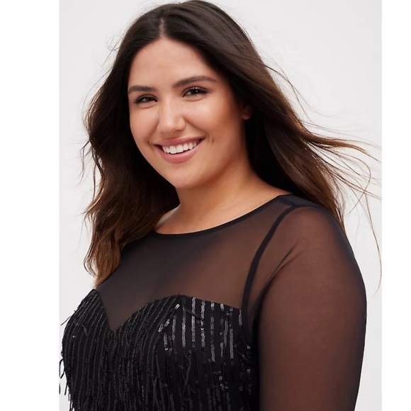 Torrid size 26 ILLUSION SLEEVE SKATER DRESS SEQUIN FRINGE BLACK - Picture 4 of 11